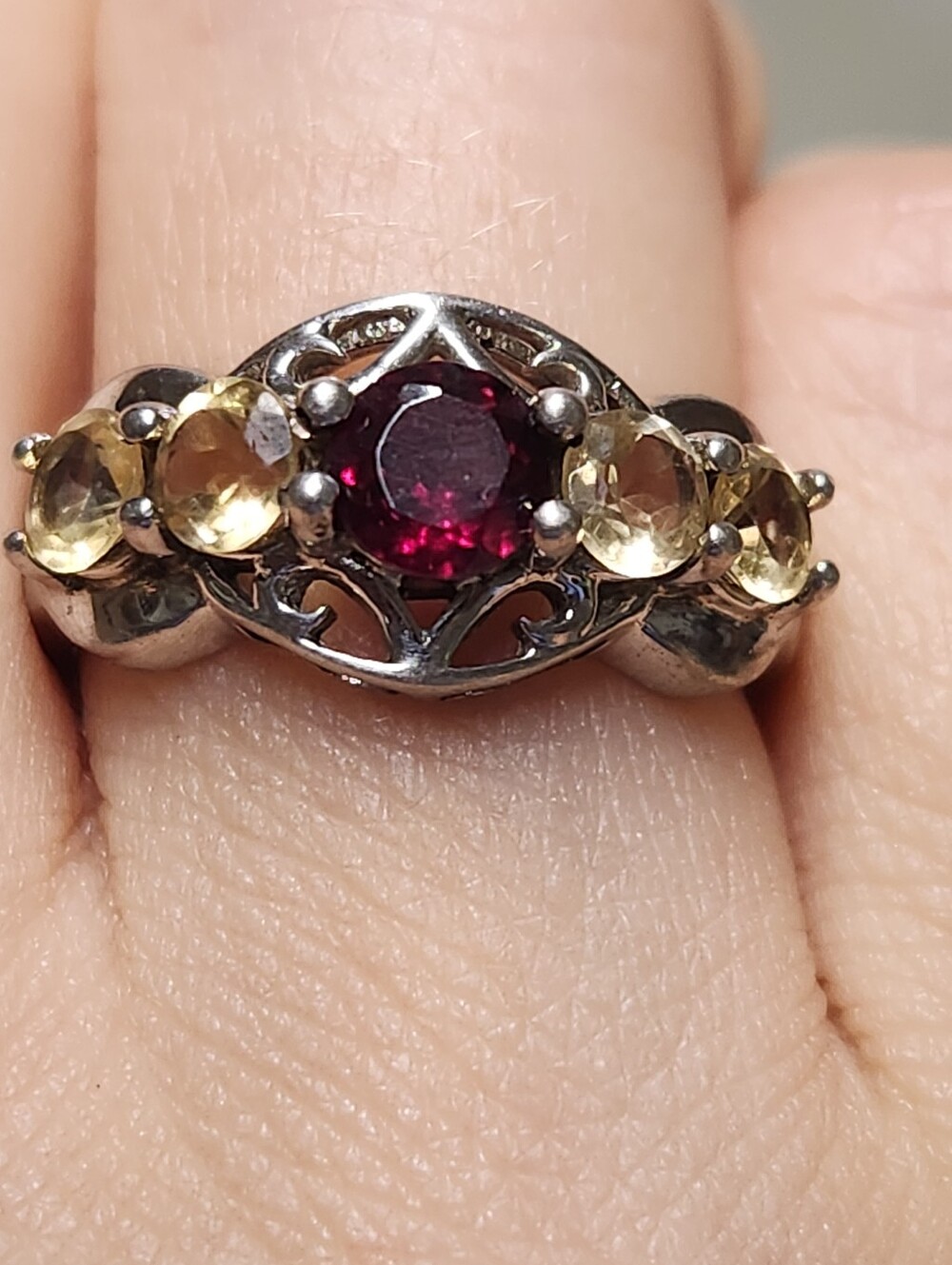 Sterling Silver Red Garnet and Citrine Three-Stone Ring